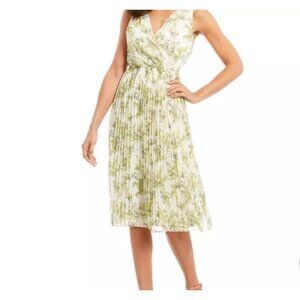 Alex Marie Size 16 White Green Floral Pleated Midi Easter Spring Dress MSRP $149